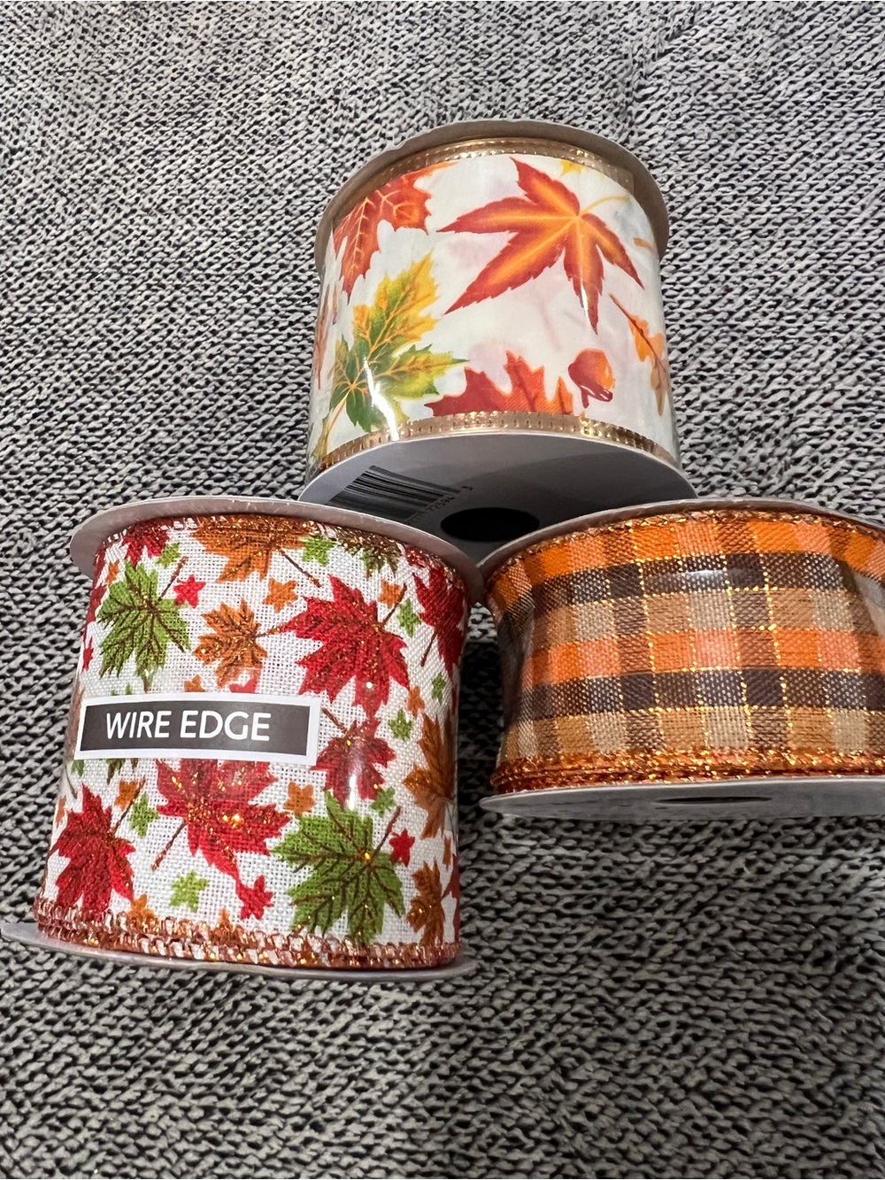Fall Maple Leaf & Plaid Wired Ribbon Trio - Orange, Red, Green